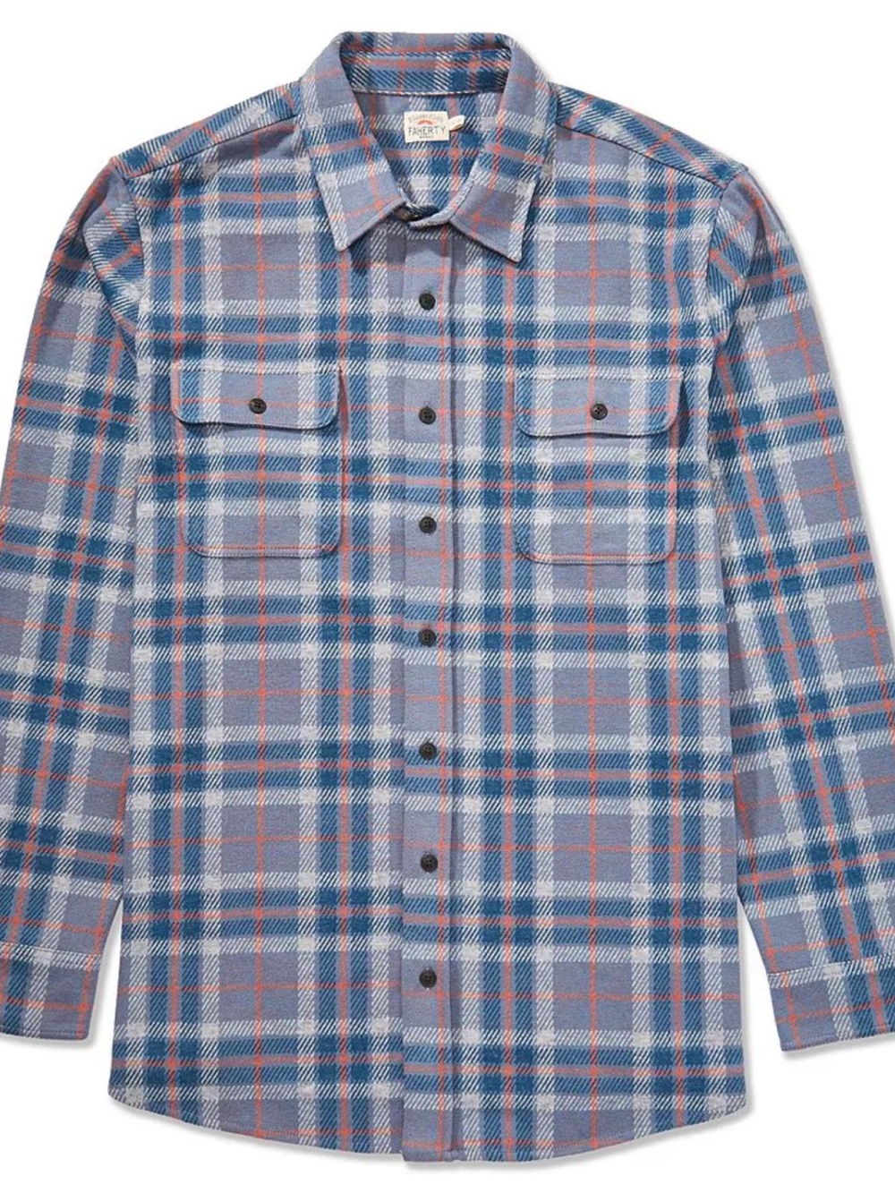 Faherty Legend Sweater Shirt Three Lakes Plaid— Sky Blue & Orange Sz XXL